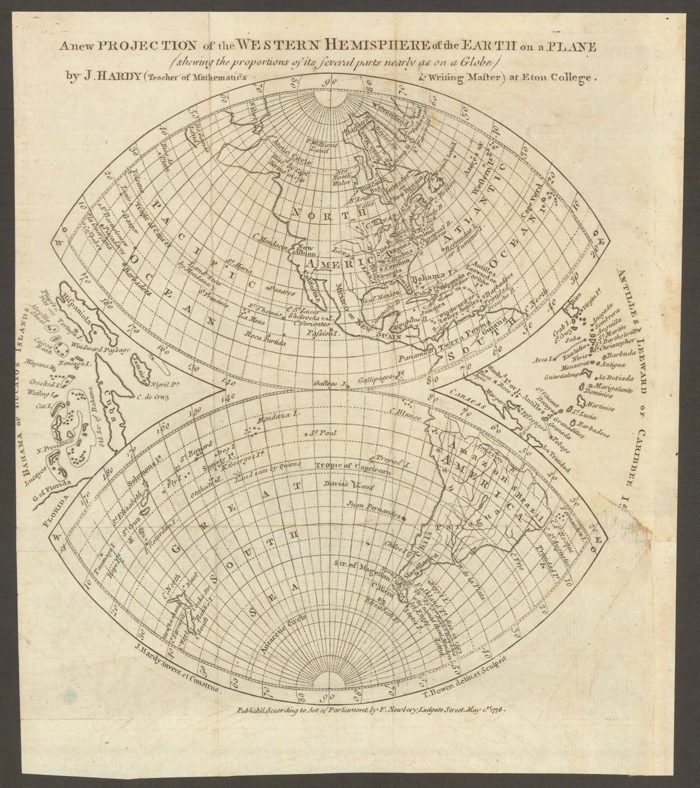 Western Hemisphere of the Earth on a plane. Davis Land. BOWEN 1776 old map
